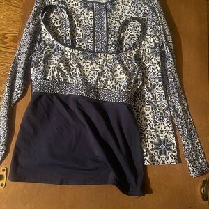 Lands' End Navy and White Floral Layered Top